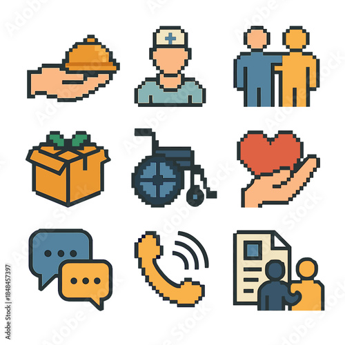 Social Care Icons. Social Care Activities set of icons in flat pixel vector style: support hand, meal delivery tray, wellness check symbol, companionship icon, care package,