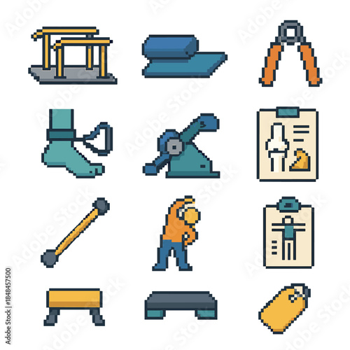 Rehabilitation Icons Collection. Rehabilitation Tools & Aids set of icons in flat pixel vector style: gait rail icon, therapy mat, stability roller, hand gripper, ankle mobility