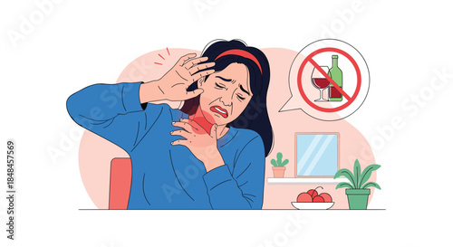Illustration of a woman suffering from dysphagia or a sore throat, clutching her neck in pain, with a thought bubble showing a crossed-out glass of alcohol, suggesting it as a cause or irritant.