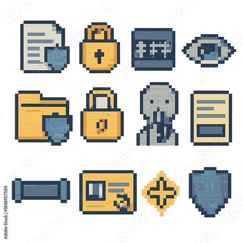 Protective Icons Set. Protective Secrecy pixel style set: shielded document, lock badge, encrypted code line, obscured eye, protected folder, secure latch, quiet sign, masked form,