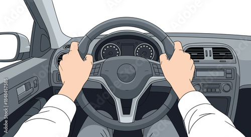 First-person perspective illustration from the driver's seat of a car, showing two hands firmly holding the steering wheel, with the dashboard, speedometer, and gauges visible in the background.