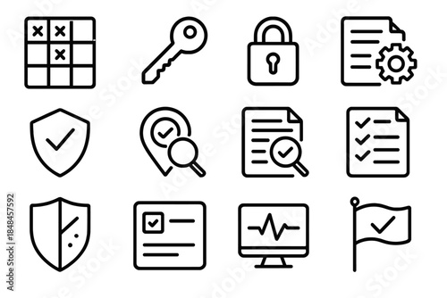 Secure Icon Matrix. Secure Setup Set linear set: config matrix, authentication key, encryption lock, protocol setting icon, secure parameter tile, vulnerability scan marker,