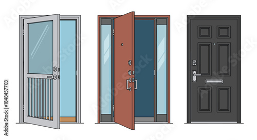 A set of three different types of front doors, including a modern glass storm door, a sturdy double entrance door, and a classic black paneled door with a mail slot.