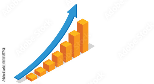 Isometric orange bar graph with a blue arrow curving upwards over the bars, illustrating positive growth, success, financial increase, and business progress, isolated on a white background.