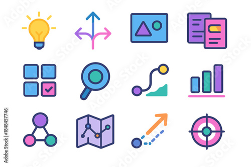 Innovation Path Icons. Innovation Path Selection flat set: idea spark, branching arrows, prototype frame, scenario cards, decision grid, clarity lens, progress path, alignment bars