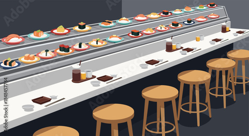 Illustration of a conveyor belt sushi restaurant interior, showing various sushi dishes rotating on two levels past empty bar stools, creating a modern and inviting dining atmosphere.