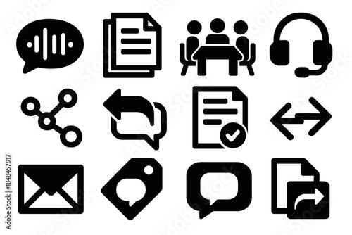 Bold Communication Icons. Professional Dialogue Themes silhouette set: speech wave, document stack, meeting table, headset icon, communication nodes, reply bubble, agenda sheet,