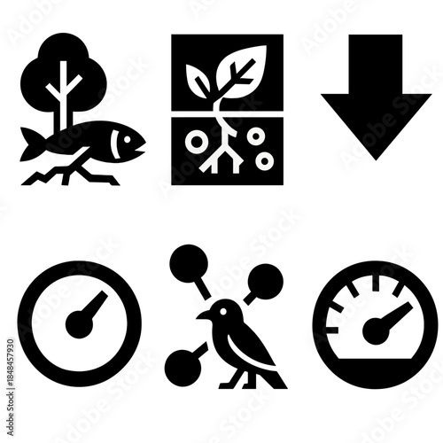 Brutalist Environmental Icons. Environmental Sensitivity Signals silhouette set: ecosystem strain icon, nutrient imbalance tile, vulnerability arrow, pressure indicator ring,