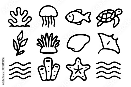 Undersea Wildlife Icons. Undersea Wildlife Icons linear set: reef coral knob, jellyfish float, small reef fish, sea turtle paddle, kelp frond, anemone bloom, smooth shell piece,