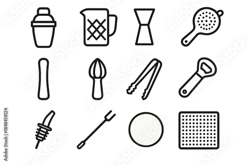 Cocktail Tool Icons. Drink Mixing Essentials linear set: shaker set, glass stir vessel, graduated jigger, strainer plate, muddling wand, citrus reamer, ice tongs, bottle opener