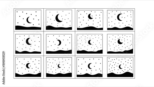 Moon phases set in night sky with stars vector.