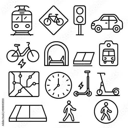Urban Transit Icons. Urban Travel Dynamics linear set: city rail car, bike path sign, crosswalk beacon, compact car, e-bike symbol, station entrance arch, sidewalk segment, bus