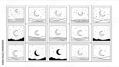 Moon phases set lunar cycle collection black and white vector.