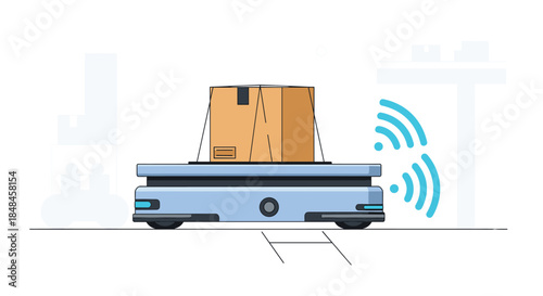 Modern autonomous mobile robot or AGV transporting a cardboard box in a smart warehouse, illustrating automation in logistics.