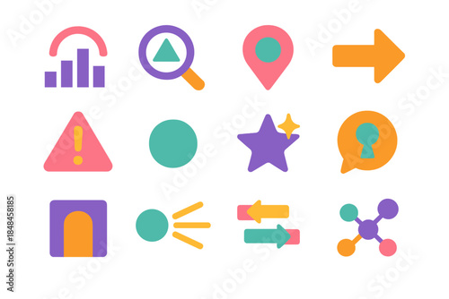 Strategic Decision Icons. Strategic Decision Triggers Icons flat set: scenario threshold, strategic lens, pivot marker, opportunity arrow, risk alert symbol, strategic cue dot,