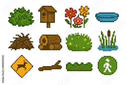 Wildlife Habitat Icons. Wildlife Habitat Support set of icons in flat pixel vector style: native shrubs, nest box, pollinator flowers, water dish, brush pile shelter, log habitat,