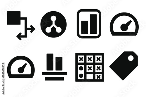 Brutalist Decision Icons. Analytical choice systems silhouette set: decision path tile, option node, comparison bar, evaluation arc, criteria gauge, weighting strip, outcome