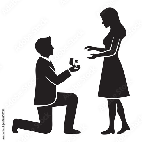 Man proposes to woman with ring silhouette against white background and Valentine’s Day