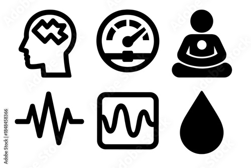 Bold Coherence Icons. Inner Coherence Dynamics silhouette set: stable mind field, emotional balance dial, centered awareness icon, steady rhythm pulse, coherence waveform, clarity