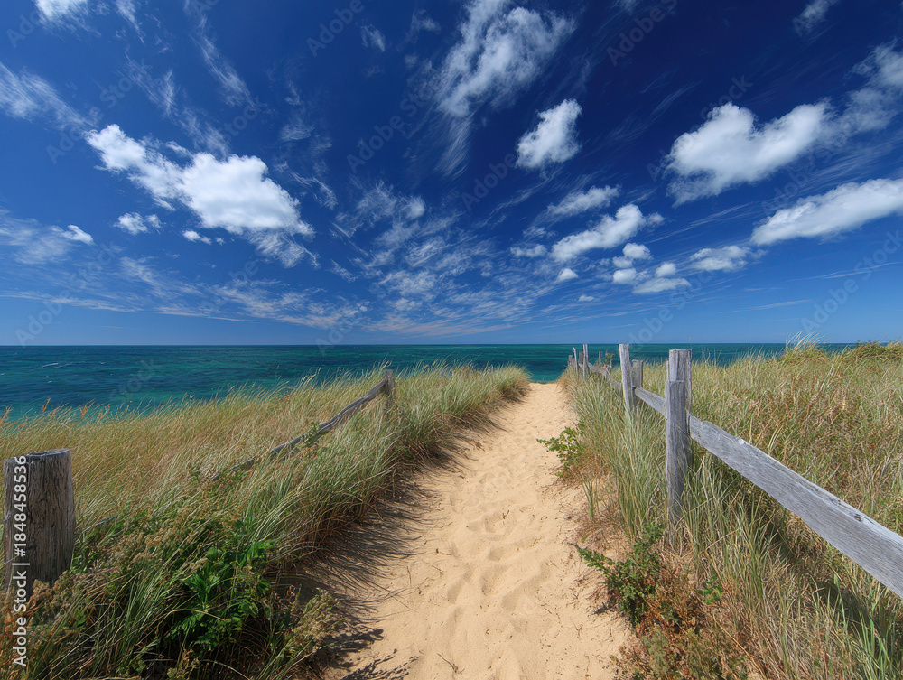Fototapeta premium Sandy Path Leading To Ocean With Tall Grasses And Cloudy Blue Sky