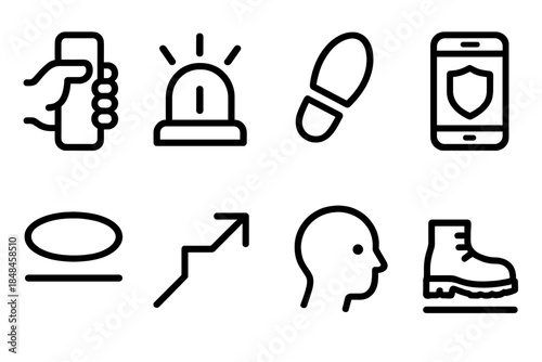 Safety Icon Set. On-the-Go Safety linear set: secure grip icon, alert beacon, steady step mark, protective case, route arrow, safe zone line, mindful glance dot, stable footing.