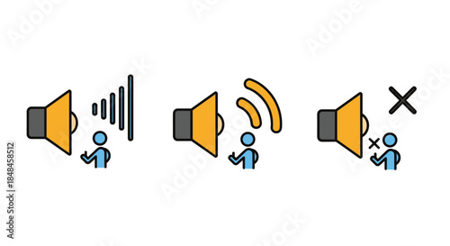 Set of icons illustrating sound perception, including high frequency, low frequency, and muted audio from a speaker.