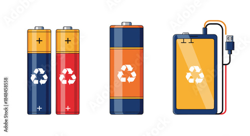 Collection of different types of rechargeable batteries with recycling symbols, including AA, D, and a 9-volt battery.