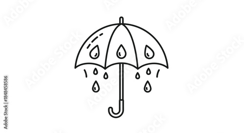 Simple black and white line art icon of an open umbrella with raindrops, representing rain, weather, and protection.