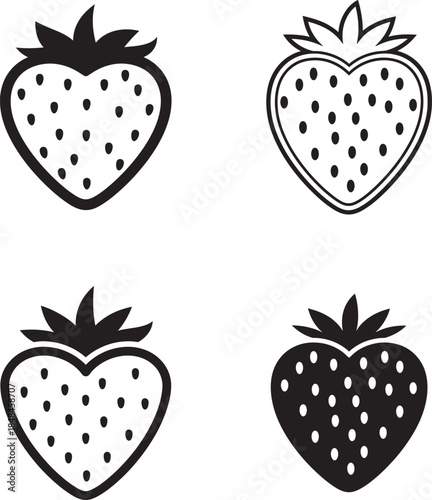 Four black and white illustrations of strawberries in different shading styles