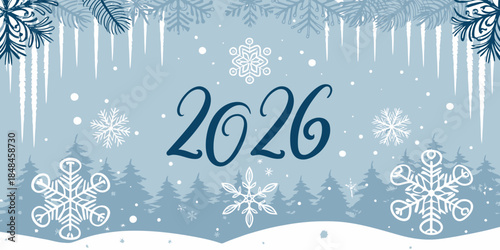 New Year 2026 winter celebration with snowflakes and icicles