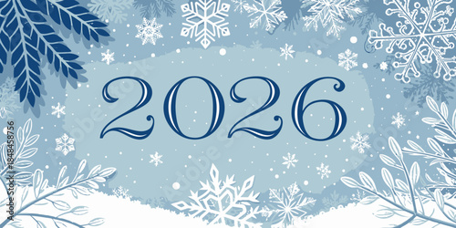 New Year 2026 celebration with snowflakes and frosty leaves