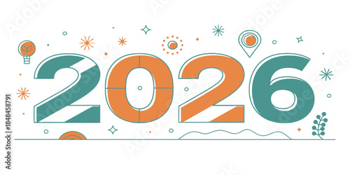 Modern 2026 graphic design with colorful abstract elements and futuristic style