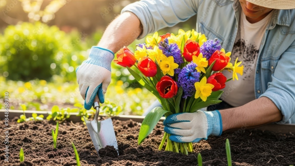 Fototapeta premium Gardener Collecting Colorful Bouquet in Lush Garden