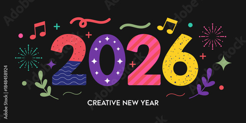 Creative New Year celebration with colorful 2026 text and festive decorations