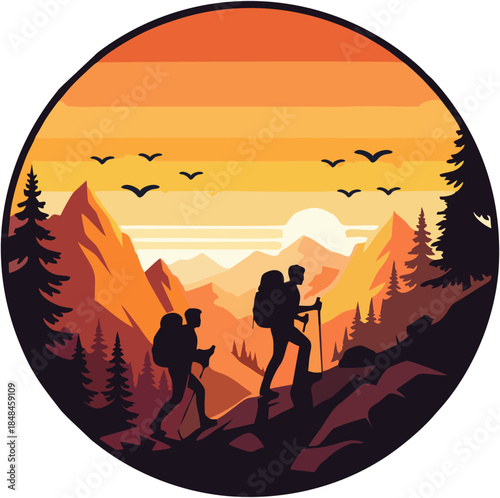 Hikers with Backpacks Walking on Mountain Trail.