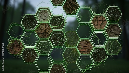Digital nexus of nature interconnected biometric hexagons in a forest.
