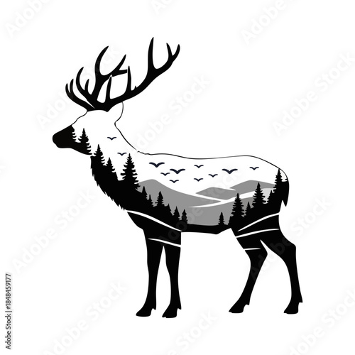 Stylized Deer with Forest Landscape Silhouette.