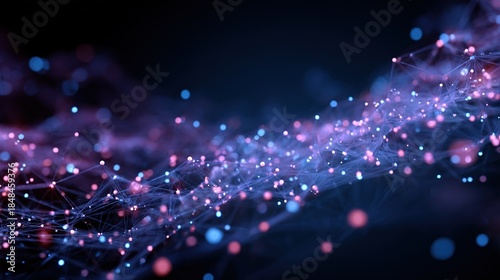 Futuristic visualization of artificial intelligence neural networks, featuring glowing cyan and purple nodes and connections against a deep blue background, digital particle flow, and depth of field.
