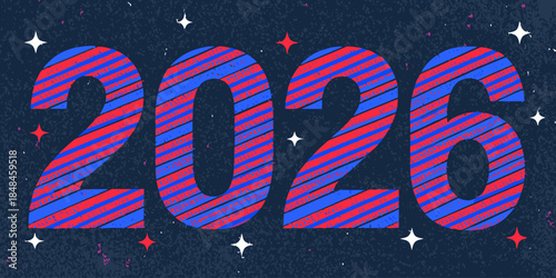 Vibrant 2026 typography with red and blue stripes on dark background with sparkles