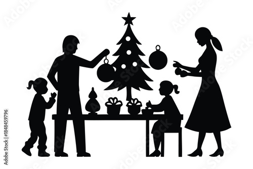 Family Crafting Homemade Christmas Ornaments Festive Illustration