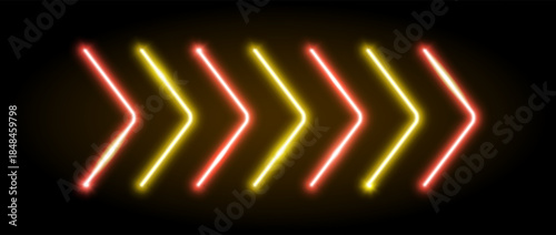 Yellow orange neon arrow element. Glowing led direction sign. Shiny tube lamps in arrowhead shape. Bright luminous fluorescent pointer effect for banner, poster, logo. Vector neon led lights