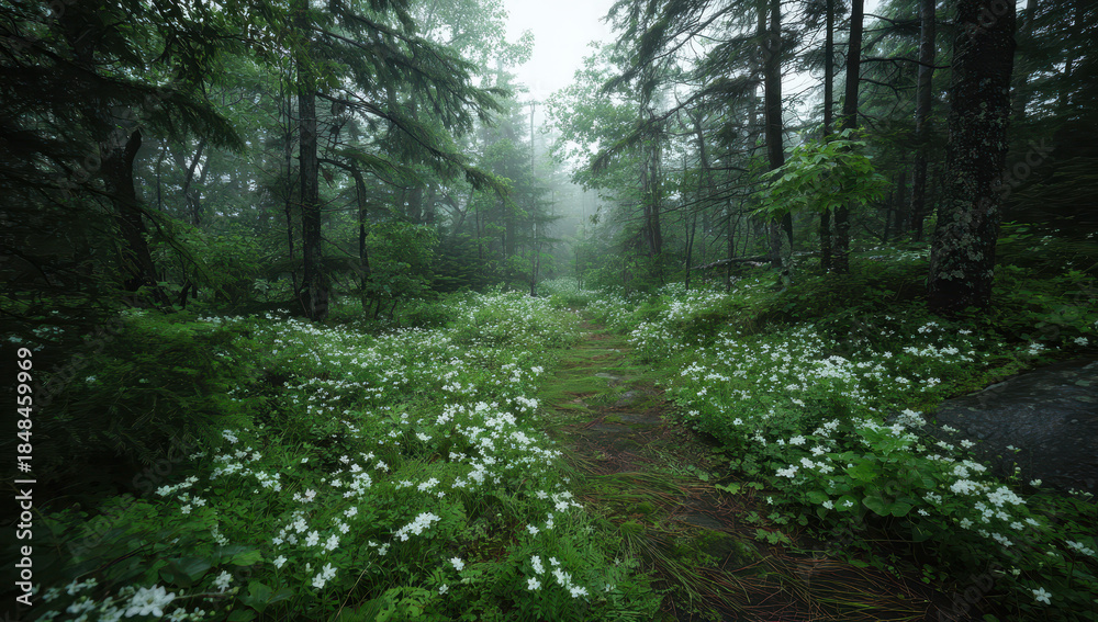 Fototapeta premium Serene Forest Path Lined With White Wildflowers Creating A Tranquil Scene