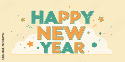 Vibrant Happy New Year celebration with colorful stars and clouds