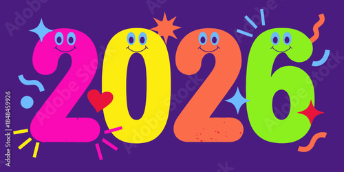 Vibrant colorful numbers 2026 with smiling faces and festive decorations