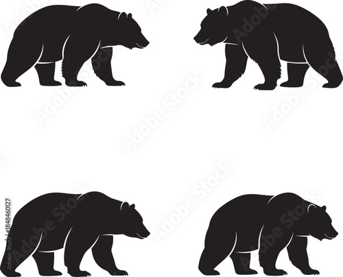 Silhouette of four bears walking in profile view