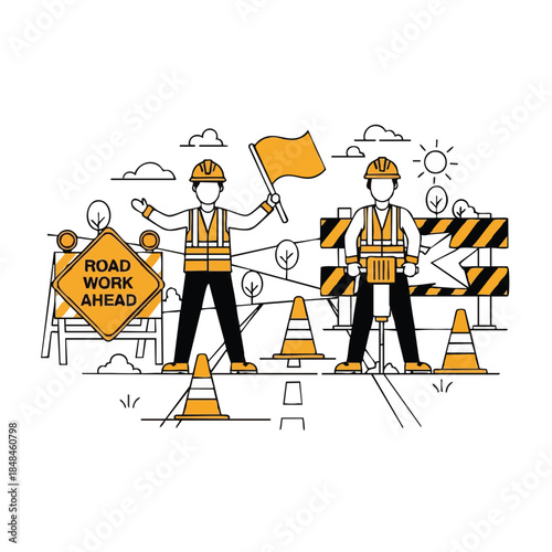 roadwork ahead sign construction workers directing traffic.