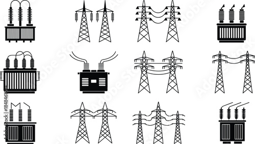 Collection of Black and White Icons Representing Electrical Transformers and Power Line Towers energy