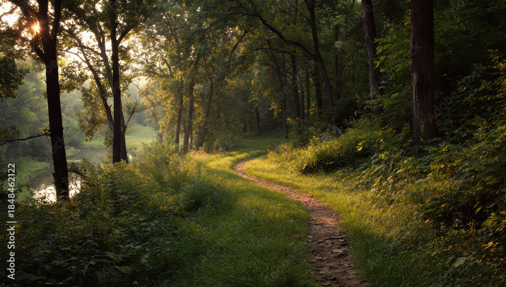 Fototapeta premium Serene Path Winding Through Lush Greenery Leading To Sunlight Through Trees