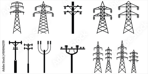 Collection of electricity transmission tower and utility pole icons Keywords: electricity, power, transmission, tower, pylon