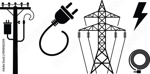 Electricity power transmission and connection icons on white background Keywords: electricity, power, transmission, connection